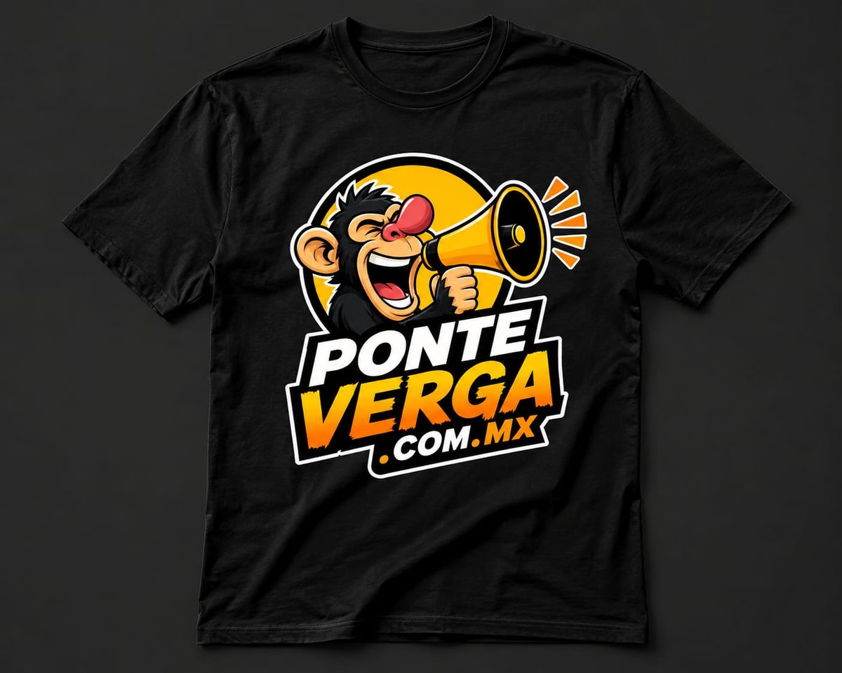 Playera negra PonteVerga con el chango del megáfono